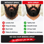A comparison graphic for a beard-holding spray, showing a close-up of a bearded man's face split into two columns: 'WITHOUT SPRAY' on the left with red叉 marks for loose, messy, short, and flaky hold; 'WITH SPRAY' on the right with green checks for tightly tied, smooth, neat, and 24-hour hold. Text at the bottom reads 'NO GAS HAIR BINDING SPRAY' and 'The difference you can see.