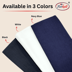 Three fabric samples in navy blue, white, and black with Aerkott branding.