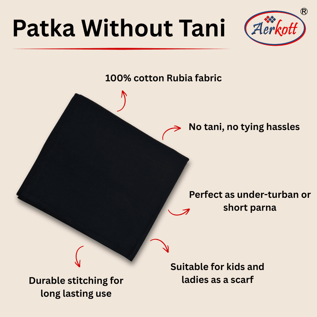 Black patka without tani with Aerkott branding and features listed on a beige background