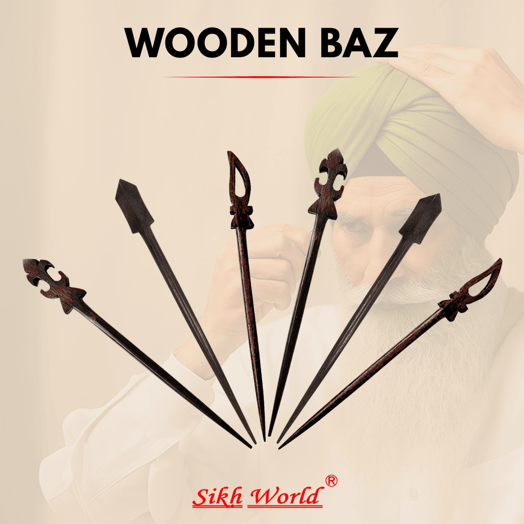 Set of wooden bazwith a person wearing a turban using wooden hair pin in the background, branded as 'Sikh World'.
