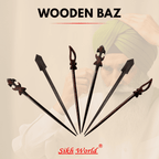 Set of wooden bazwith a person wearing a turban using wooden hair pin in the background, branded as 'Sikh World'.