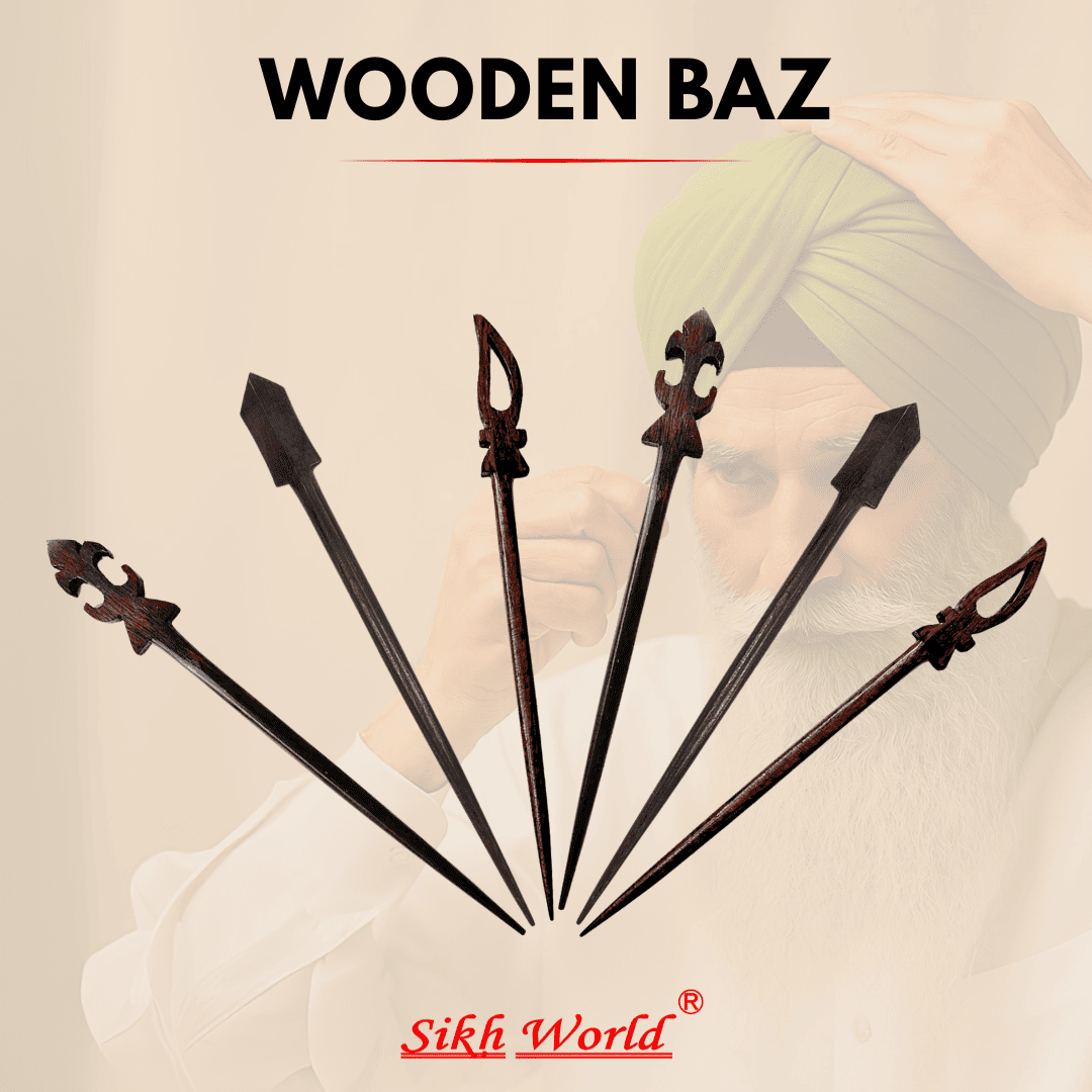 Set of wooden bazwith a person wearing a turban using wooden hair pin in the background, branded as 'Sikh World'.