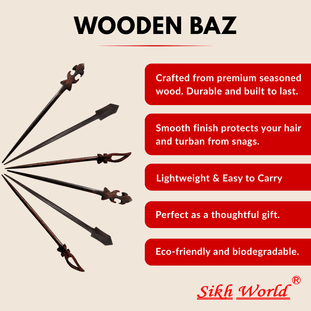Wooden baz/salai hair pin with features listed on a beige background, branded as Sikh World.