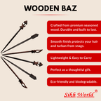 Wooden baz/salai hair pin with features listed on a beige background, branded as Sikh World.