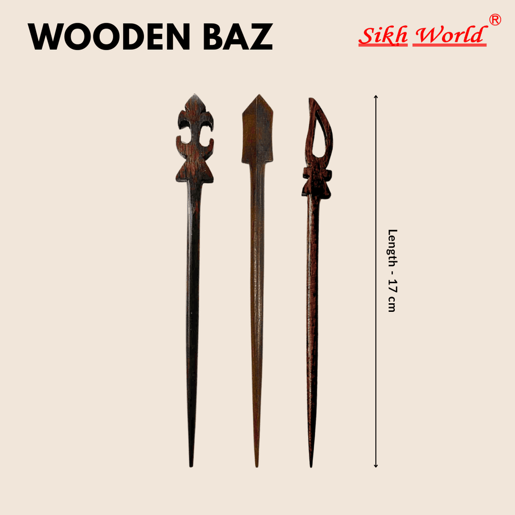 Three wooden baz salai hair pin with measurements on a beige background, branded 'Sikh World'.