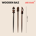 Three wooden baz salai hair pin with measurements on a beige background, branded 'Sikh World'.